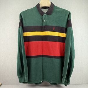 Vintage 90s Polo Ralph Lauren Fleece Rugby Shirt XL Made in Hong Kong Striped